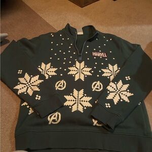 Marvel Green Zip-Up Sweater with Cream Snowflake & Avengers Motifs